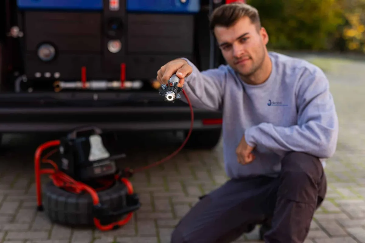 Techniker führt das Kabel der Kanalkamera vor dem Einsatzwagen